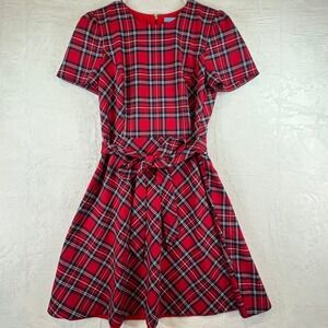 Draper James Plaid Dress Women 8 Red Tartan Fit Flare Short Sleeve DRW0601 HO19
